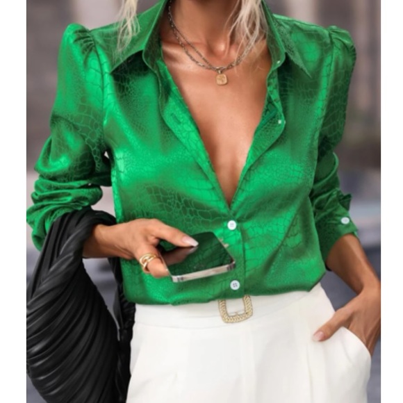 Luxe jacquard button down satin blouse - Picture 4 of 16